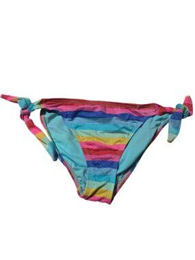 California Waves Rainbow Striped Bikini Bottom Size Large Side Knots Swimwear
